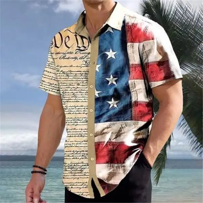 Men's Shirt Summer Hawaiian Shirt Graphic Prints American Flag Turndown White Red Khaki Black+Gray Gray Outdoor Street Short Sleeves Print Clothing Apparel Fashion Streetwear Designer Soft