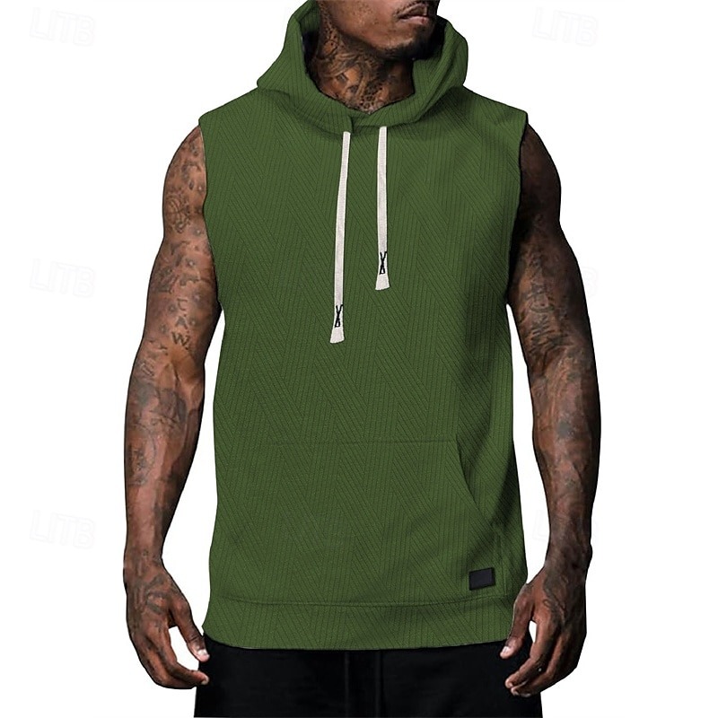 Men's Tank Top Vest Top Undershirt Sleeveless Shirt Sleeveless Hooded Summer Plain Fashion Designer Basic Jacquard Front Pocket Vacation Street Going out Black White Khaki Top Tee for Men