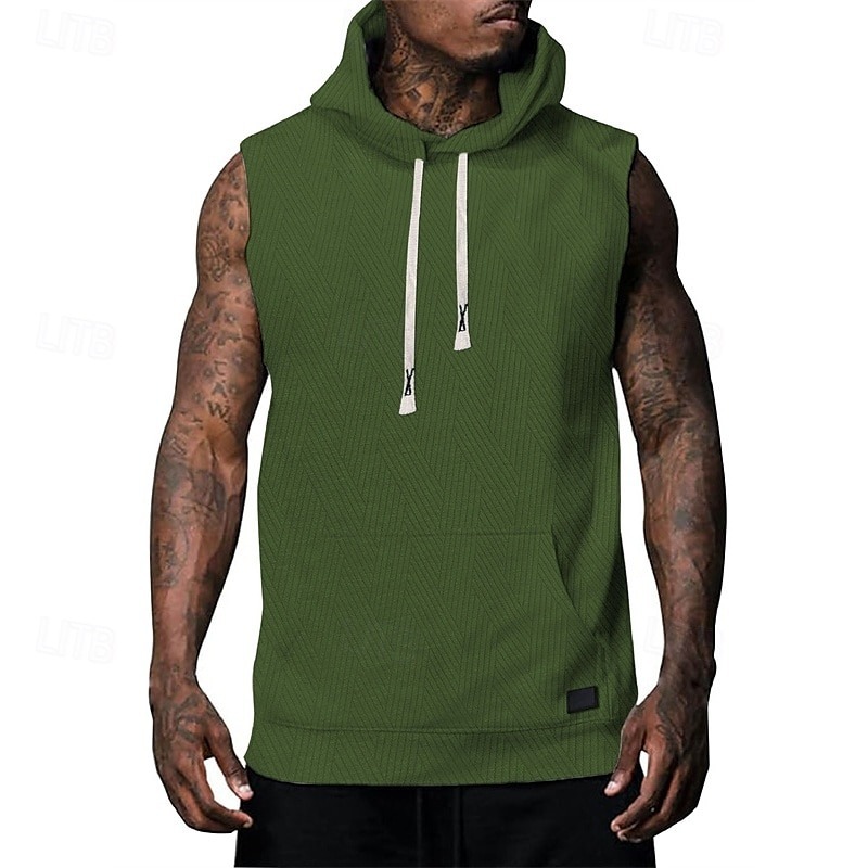 Men's Tank Top Vest Top Undershirt Sleeveless Shirt Sleeveless Hooded Summer Plain Fashion Designer Basic Jacquard Front Pocket Vacation Street Going out Black White Khaki Top Tee for Men