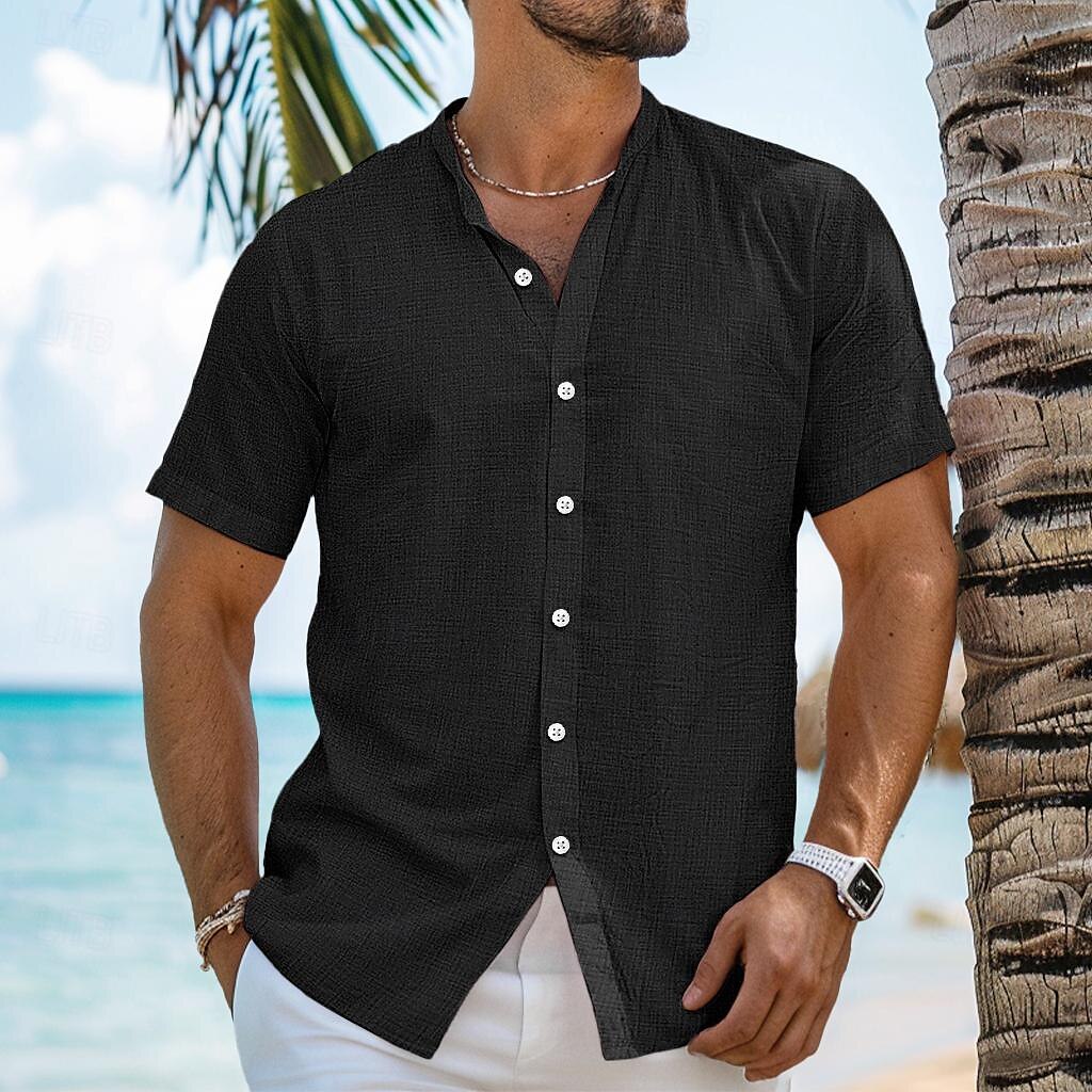 Men's Shirt Linen Shirt Summer Shirt Beach Wear Button Up Shirt Band Collar Shirt Black White Blue Orange Short Sleeve Plain Band Collar Summer Casual Daily Clothing Apparel