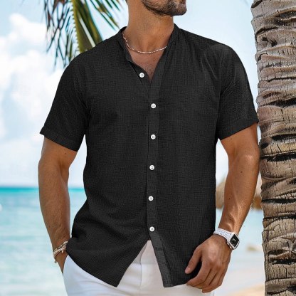 Men's Shirt Linen Shirt Summer Shirt Beach Wear Button Up Shirt Band Collar Shirt Black White Blue Orange Short Sleeve Plain Band Collar Summer Casual Daily Clothing Apparel