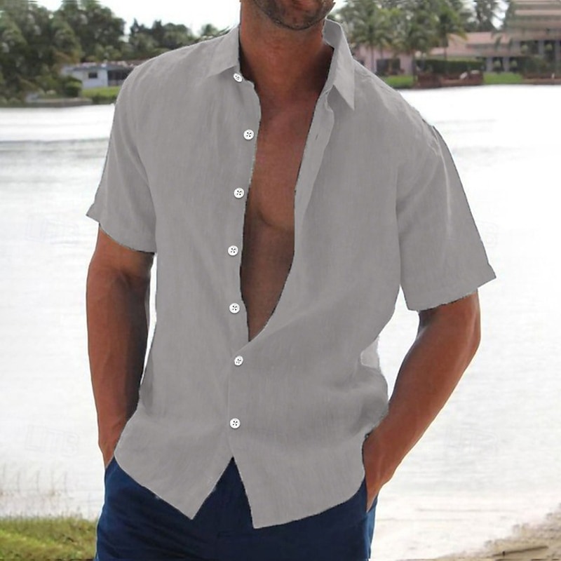 Men's Linen Shirt Summer Shirt Beach Wear Button Up Shirt Solid Color Vacation Curise Black White Pink Blue Short Sleeve Turndown Summer Clothing Apparel Button-Down