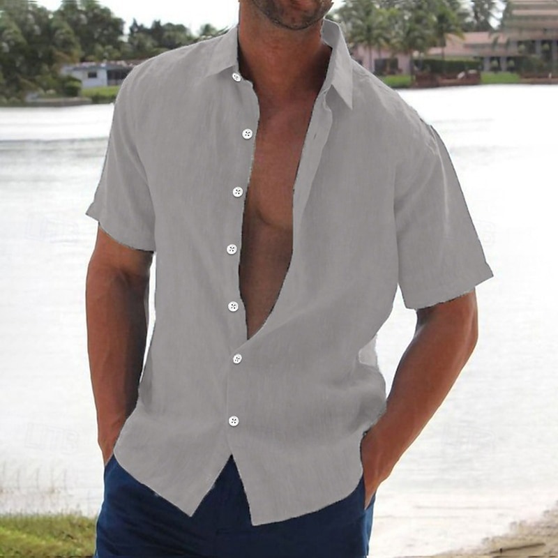 Men's Linen Shirt Summer Shirt Beach Wear Button Up Shirt Solid Color Vacation Curise Black White Pink Blue Short Sleeve Turndown Summer Clothing Apparel Button-Down