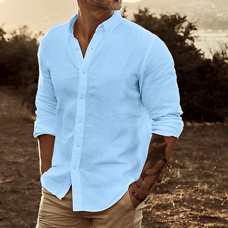 Men's Linen Shirt Summer Shirt Beach Wear Button Up Shirt Plain Casual Daily White Yellow Pink Blue Long Sleeve Lapel Spring & Summer Clothing Apparel Front Pocket