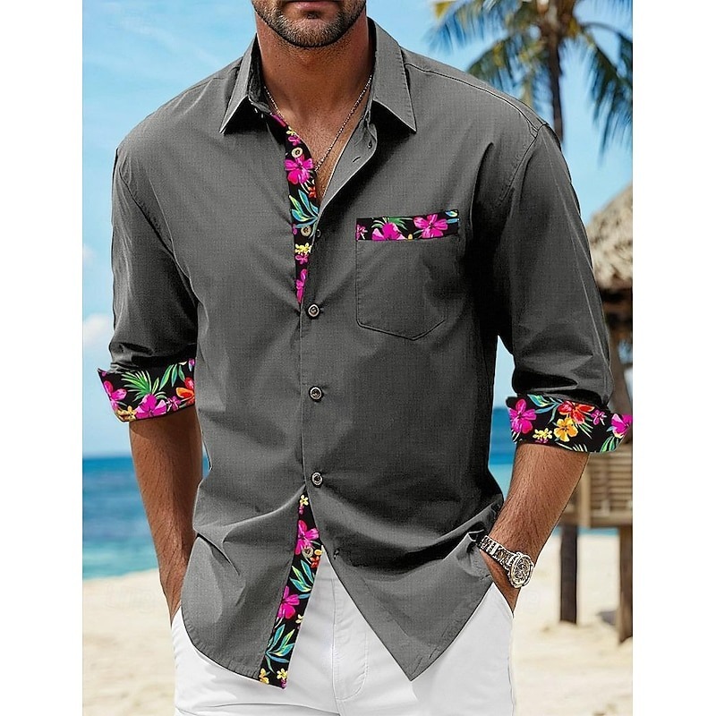 Men's Shirt Linen Shirt Summer Shirt Beach Wear Button Up Shirt Floral Vacation Curise Black White Pink Blue Long Sleeve Lapel Spring & Fall Clothing Apparel Splice