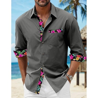 Men's Shirt Linen Shirt Summer Shirt Beach Wear Button Up Shirt Floral Vacation Curise Black White Pink Blue Long Sleeve Lapel Spring & Fall Clothing Apparel Splice