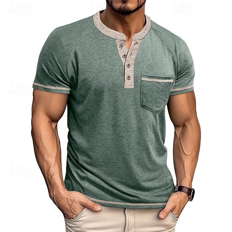 Men's T Shirt Henley Shirt Short Sleeve Shirt Tee Top Short Sleeve Henley Summer Color Block Solid / Plain Color Fashion Designer Fashion Vacation Street Going out Navy Black White Top Tee for Men