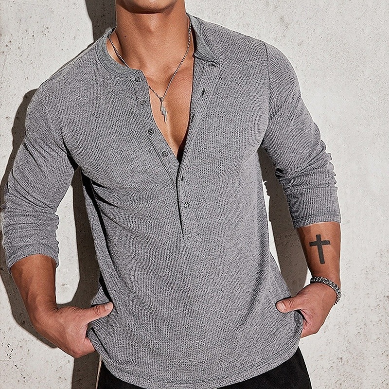 Men's T Shirt Henley Shirt Tee Tee Top Long Sleeve Henley Summer Spring Plain Fashion Designer Basic Buttons Vacation Street Going out Apricot Navy Blue Light Grey Top Tee for Men