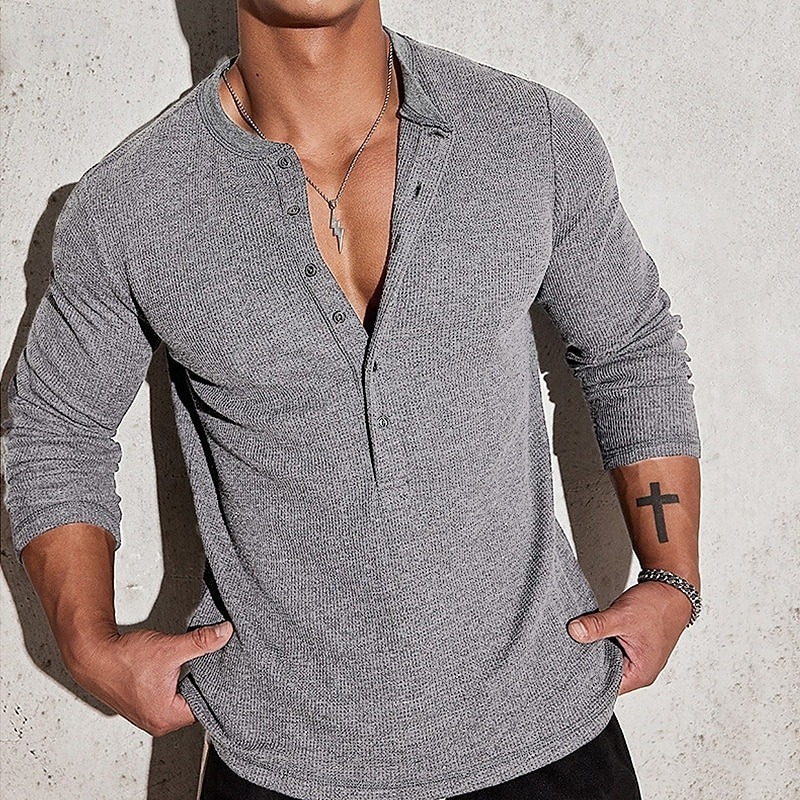 Men's T Shirt Henley Shirt Tee Tee Top Long Sleeve Henley Summer Spring Plain Fashion Designer Basic Buttons Vacation Street Going out Apricot Navy Blue Light Grey Top Tee for Men