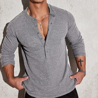 Men's T Shirt Henley Shirt Tee Tee Top Long Sleeve Henley Summer Spring Plain Fashion Designer Basic Buttons Vacation Street Going out Apricot Navy Blue Light Grey Top Tee for Men