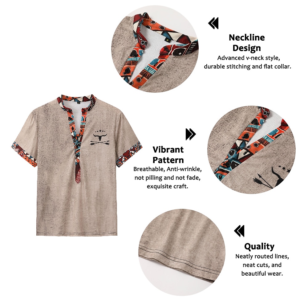 Tribal Bandana Print Designer Ethnic Men's 3D Print T shirt Tee Henley Shirt Casual Daily T shirt Yellow Brown Green Short Sleeve Standing Collar Shirt Summer Spring Clothing Apparel S M L XL XXL 3XL