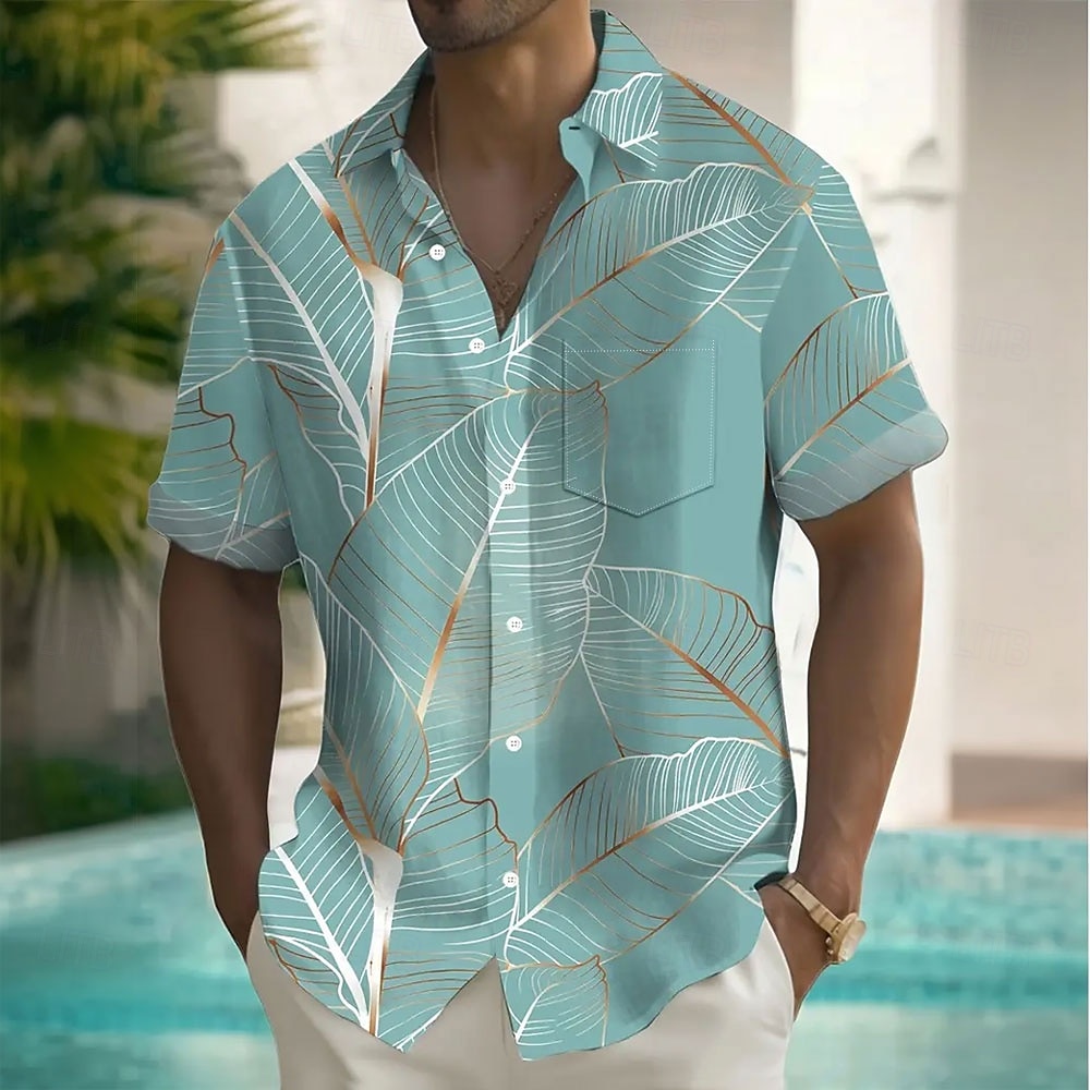 Men's Palm Leaf Tropical Plants Summer Hawaiian Shirt Button Up Shirt Short Sleeve Hawaiian Resort Vacation Holiday Beach Wear Summer Spring Turndown Collared Shirts Front One Pocket Green Blue