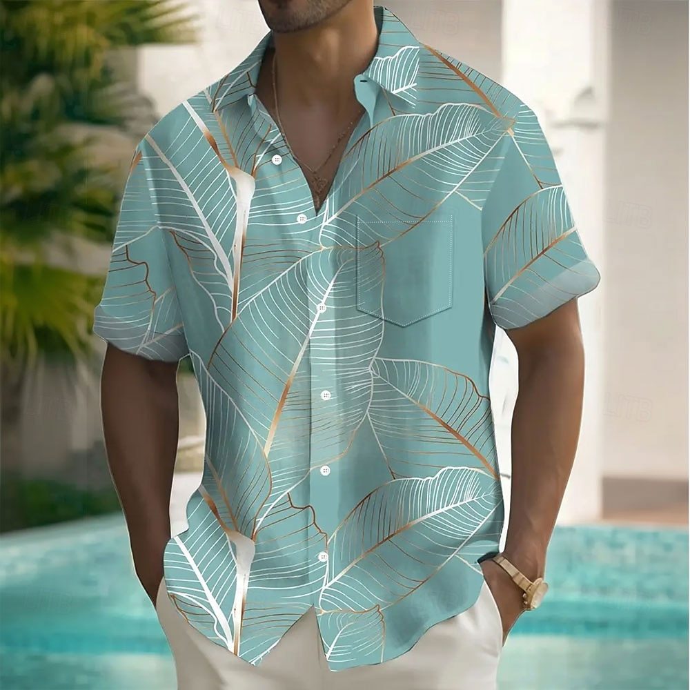 Men's Palm Leaf Tropical Plants Summer Hawaiian Shirt Button Up Shirt Short Sleeve Hawaiian Resort Vacation Holiday Beach Wear Summer Spring Turndown Collared Shirts Front One Pocket Green Blue