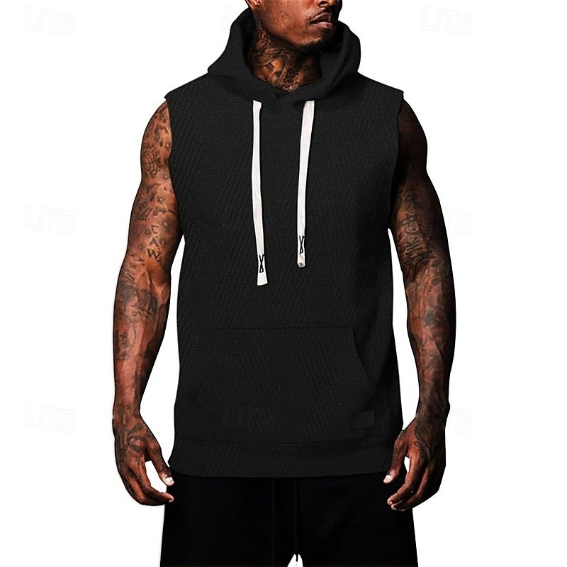 Men's Tank Top Vest Top Undershirt Sleeveless Shirt Sleeveless Hooded Summer Plain Fashion Designer Basic Jacquard Front Pocket Vacation Street Going out Black White Khaki Top Tee for Men