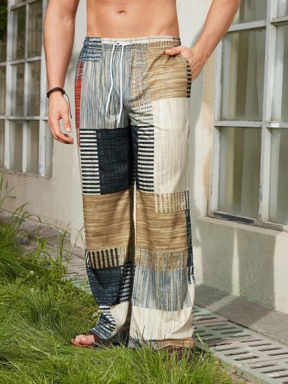 Men's Trousers Summer Pants Beach Pants Drawstring Elastic Waist 3D Print Stripe Graphic Prints Geometry Comfort Casual Daily Holiday Streetwear Hawaiian Yellow Blue