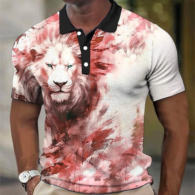 Men's Lion Waffle Polo Shirts Golf Shirt Short Sleeve Polo Shirts Collared Shirts Casual Funny Streetwear Vacation Wear Party Outfits Buttons 3D Print Yellow Red Blue