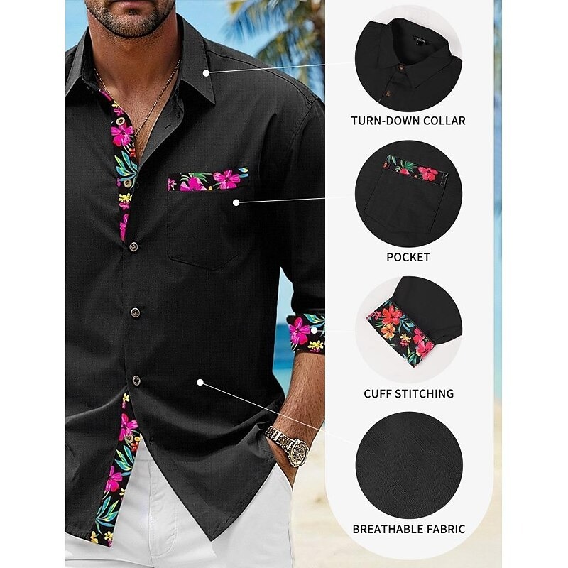 Men's Shirt Linen Shirt Summer Shirt Beach Wear Button Up Shirt Floral Vacation Curise Black White Pink Blue Long Sleeve Lapel Spring & Fall Clothing Apparel Splice