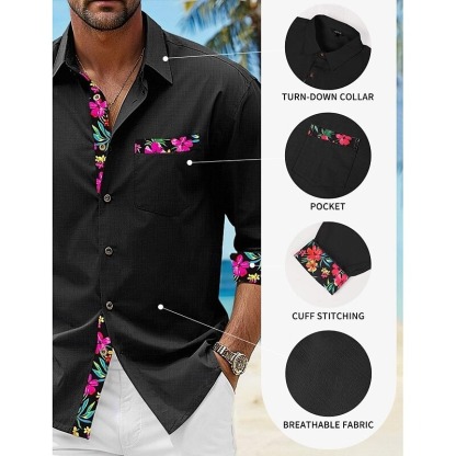 Men's Shirt Linen Shirt Summer Shirt Beach Wear Button Up Shirt Floral Vacation Curise Black White Pink Blue Long Sleeve Lapel Spring & Fall Clothing Apparel Splice