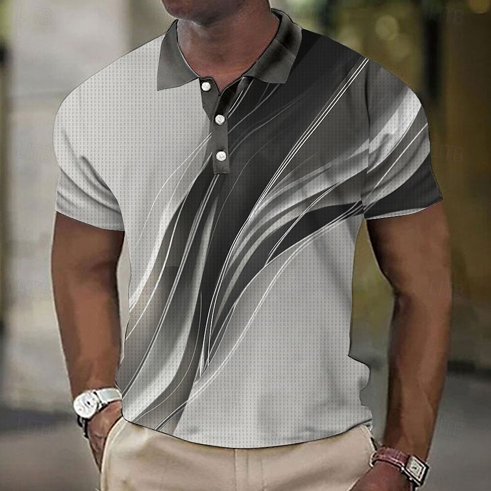 Men's Geometic Line Waffle Polo Shirts Short Sleeve Polo Shirts Collared Shirts Casual Business Casual Outdoor Athleisure Daily Wear Buttons 3D Print