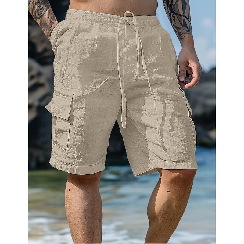 Men's Shorts Linen Shorts Summer Shorts Beach Shorts Drawstring Elastic Waist Multi Pocket Plain Knee Length Outdoor Beach Hawaiian Casual Black Inelastic