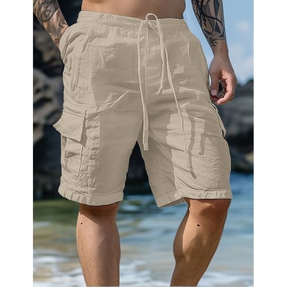 Men's Shorts Linen Shorts Summer Shorts Beach Shorts Drawstring Elastic Waist Multi Pocket Plain Knee Length Outdoor Beach Hawaiian Casual Black Inelastic