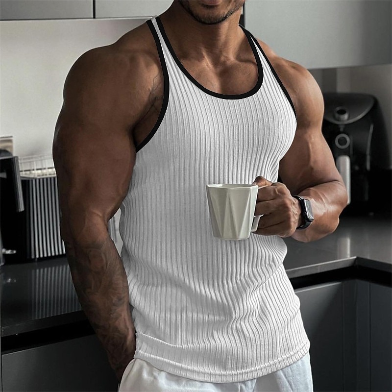 Men's Tank Top Rib Knit Top Wife beater Shirt Color Block Pit Strip Crew Neck Outdoor Going out Sleeveless Clothing Apparel Fashion Designer Muscle