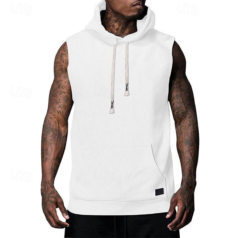 Men's Tank Top Vest Top Undershirt Sleeveless Shirt Sleeveless Hooded Summer Plain Fashion Designer Basic Jacquard Front Pocket Vacation Street Going out Black White Khaki Top Tee for Men