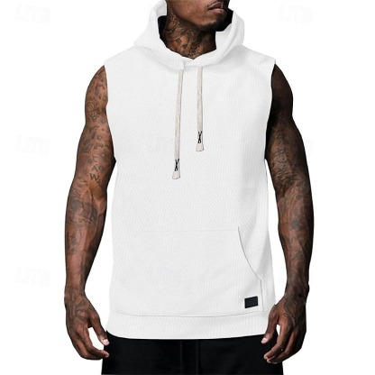 Men's Tank Top Vest Top Undershirt Sleeveless Shirt Sleeveless Hooded Summer Plain Fashion Designer Basic Jacquard Front Pocket Vacation Street Going out Black White Khaki Top Tee for Men
