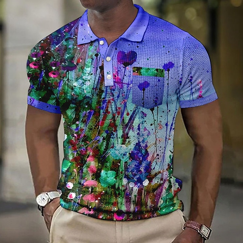 Men's Graphic Prints Waffle Polo Shirts Polo Shirts Lapel Polo Button Up Polos Golf Shirt Short Sleeve Shirt Turndown Outdoor Street Blue-Green Blue Purple Orange Green Print Clothing Apparel Fashion
