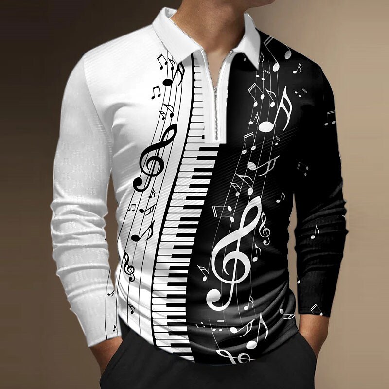 Men's Polo Shirt Golf Shirt Zip Polo Graphic Prints Notes Turndown Bla