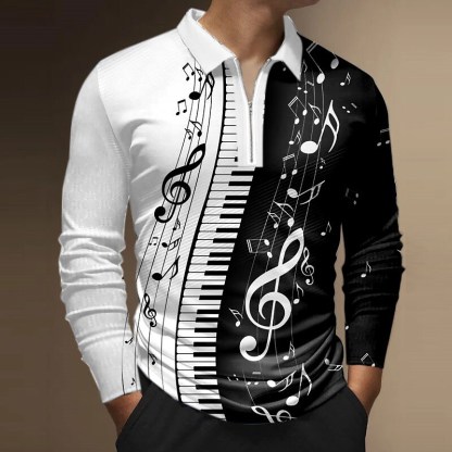 Men's Polo Shirt Golf Shirt Zip Polo Graphic Prints Notes Turndown Black Red Blue Purple Green Outdoor Street Long Sleeve Zipper Print Clothing Apparel Fashion Streetwear Designer Soft