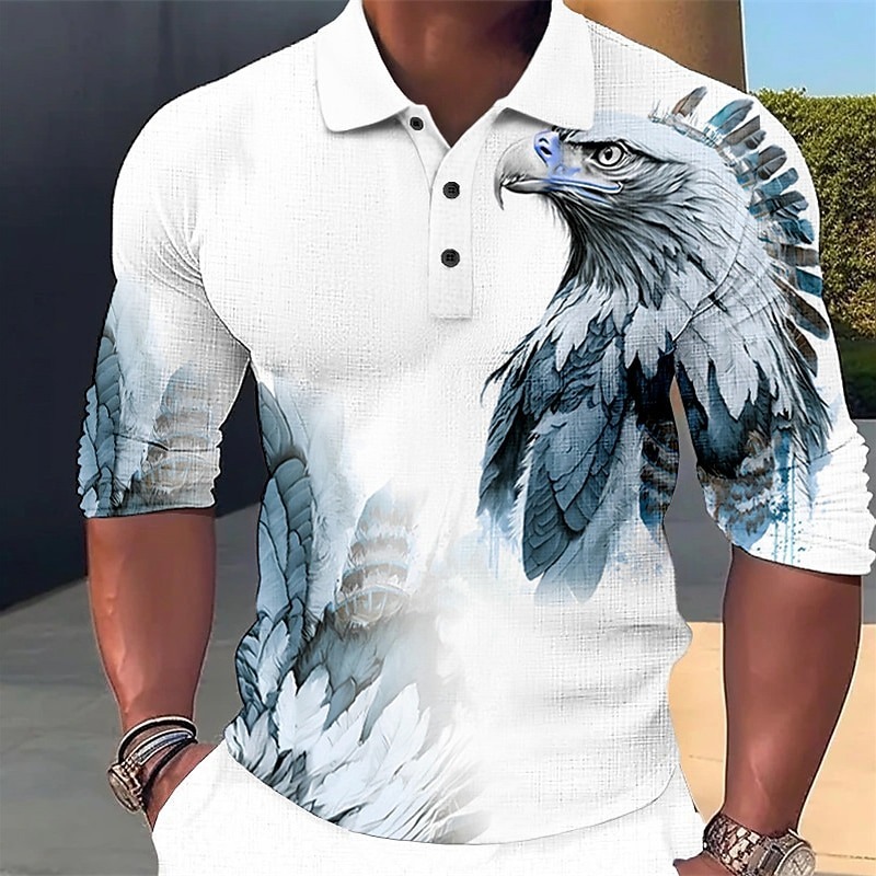 Men's Eagle Polo Shirts Golf Shirt Long Sleeve Polo Shirts Collared Shirts Casual Funny Streetwear Vacation Wear Party Outfits Buttons 3D Print Yellow Blue Purple