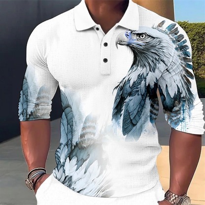 Men's Eagle Polo Shirts Golf Shirt Long Sleeve Polo Shirts Collared Shirts Casual Funny Streetwear Vacation Wear Party Outfits Buttons 3D Print Yellow Blue Purple