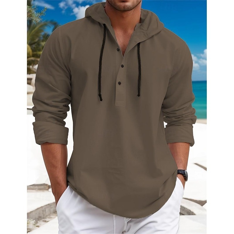 Men's Shirt Linen Shirt Calico Shirt Summer Shirt Beach Wear Plain Vacation Curise White Blue Brown Green Long Sleeve Hooded Spring & Summer Clothing Apparel