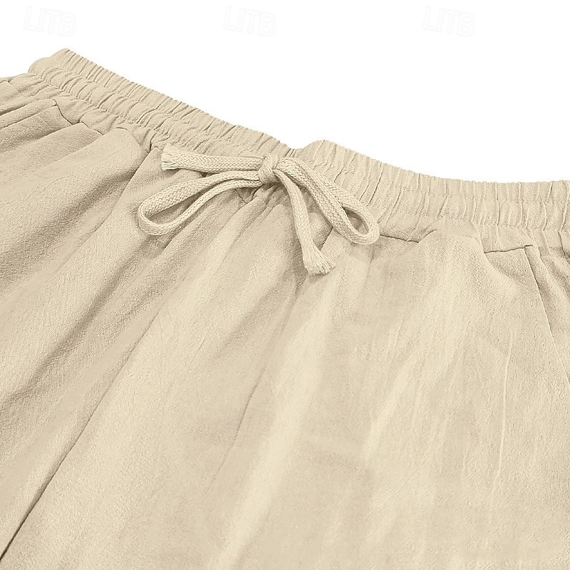 Men's Linen Pants Trousers Summer Pants Beach Pants Drawstring Elastic Waist Straight Leg Plain Comfort Breathable Full Length Casual Daily Holiday Fashion Classic Style Black White