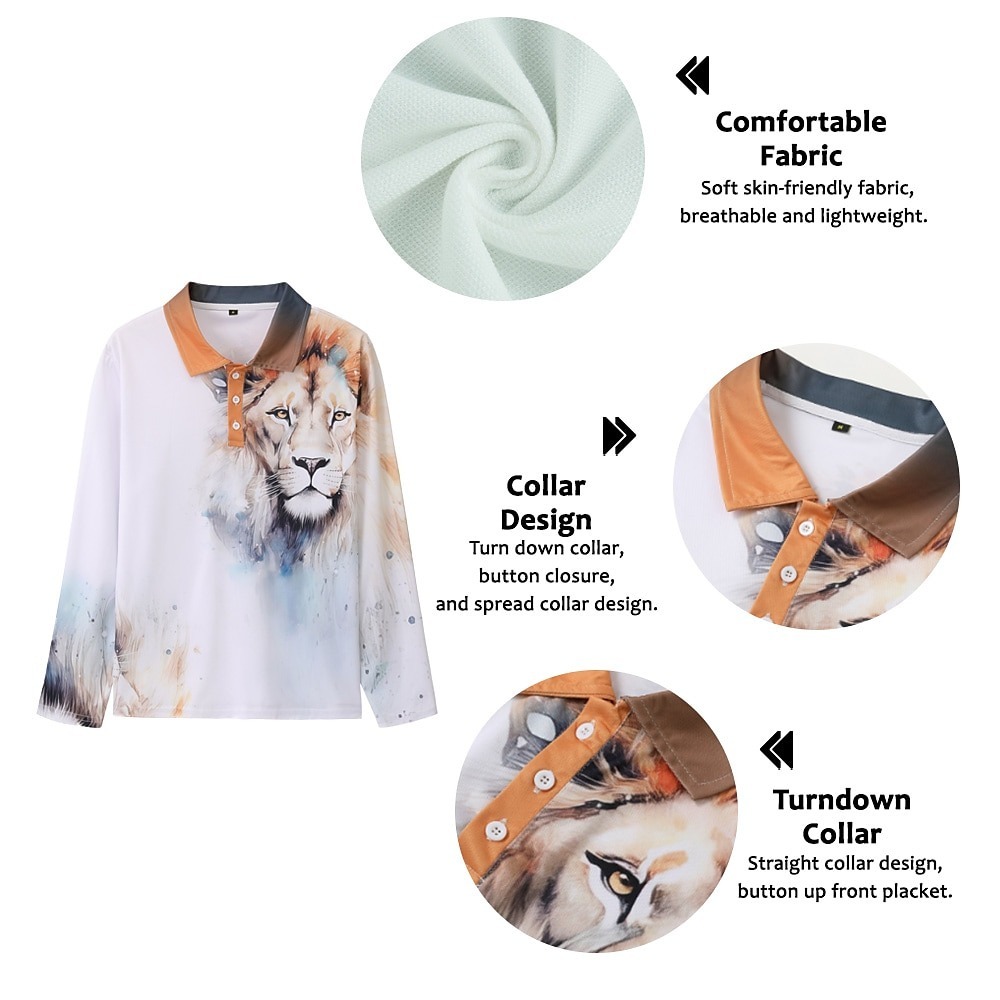 Men's Lion Polo Shirts Golf Shirt Long Sleeve Polo Shirts Collared Shirts Casual Funny Streetwear Vacation Wear Party Outfits Buttons 3D Print Yellow Red Blue