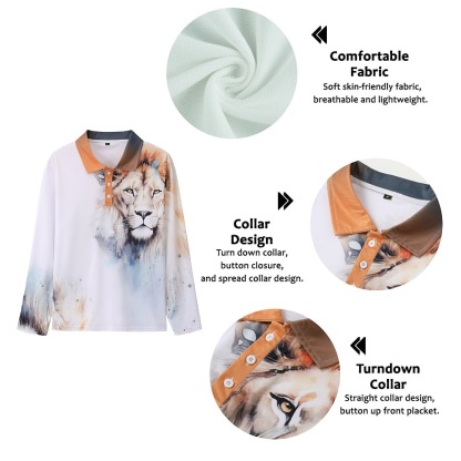 Men's Lion Polo Shirts Golf Shirt Long Sleeve Polo Shirts Collared Shirts Casual Funny Streetwear Vacation Wear Party Outfits Buttons 3D Print Yellow Red Blue