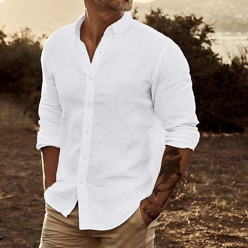 Men's Linen Shirt Summer Shirt Beach Wear Button Up Shirt Plain Casual Daily White Yellow Pink Blue Long Sleeve Lapel Spring & Summer Clothing Apparel Front Pocket