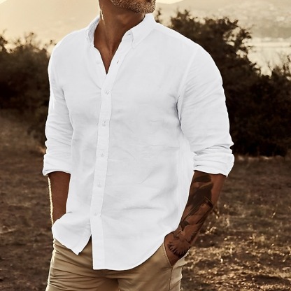 Men's Linen Shirt Summer Shirt Beach Wear Button Up Shirt Plain Casual Daily White Yellow Pink Blue Long Sleeve Lapel Spring & Summer Clothing Apparel Front Pocket