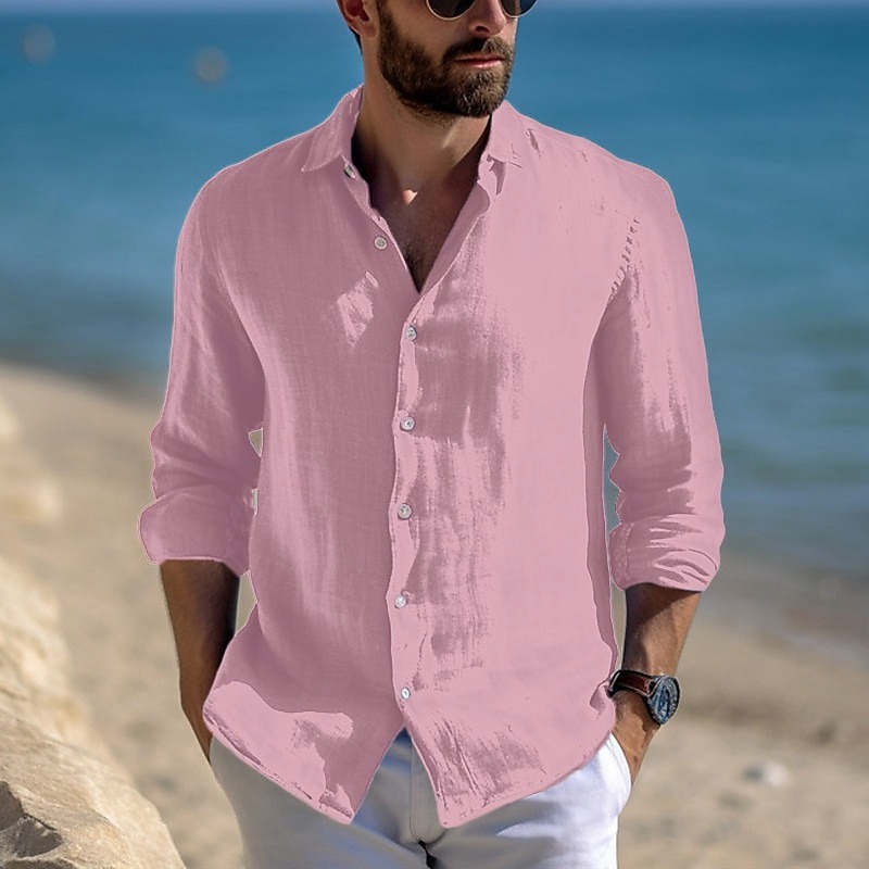 Men's Shirt Linen Shirt Summer Shirt Beach Wear Casual Shirt Button Up Shirt Plain Casual Daily Black White Pink Blue Long Sleeve Lapel Spring & Summer Clothing Apparel