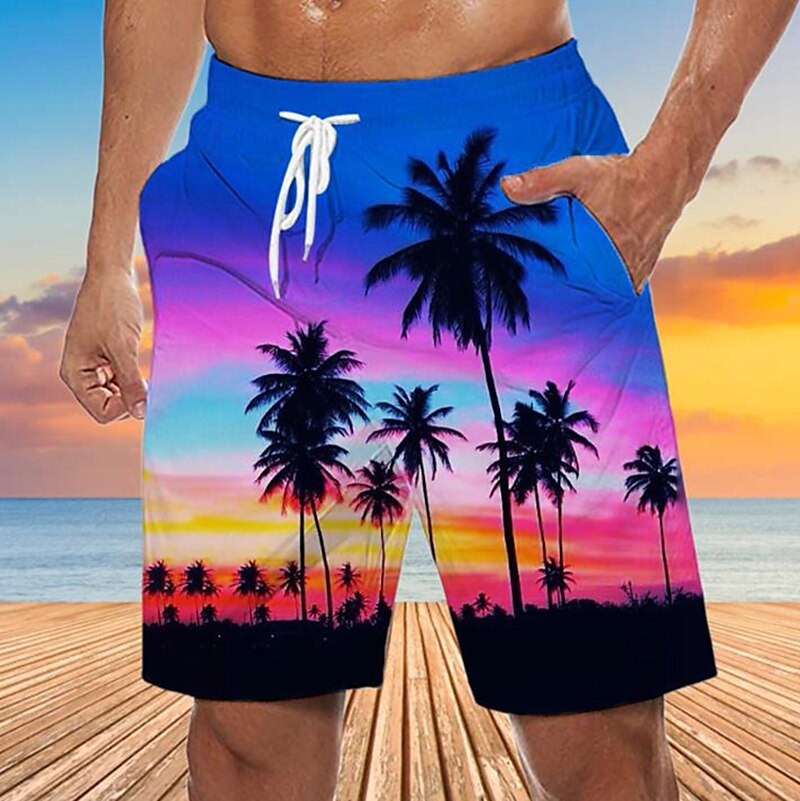 Men's Graphic Coconut Tree Swimming Trunks Board Shorts Swim Shorts Mid Waist Streetwear Hawaiian Boho Casual Daily Holiday Drawstring Elastic Waist 3D Print Designer Clothing Apparel