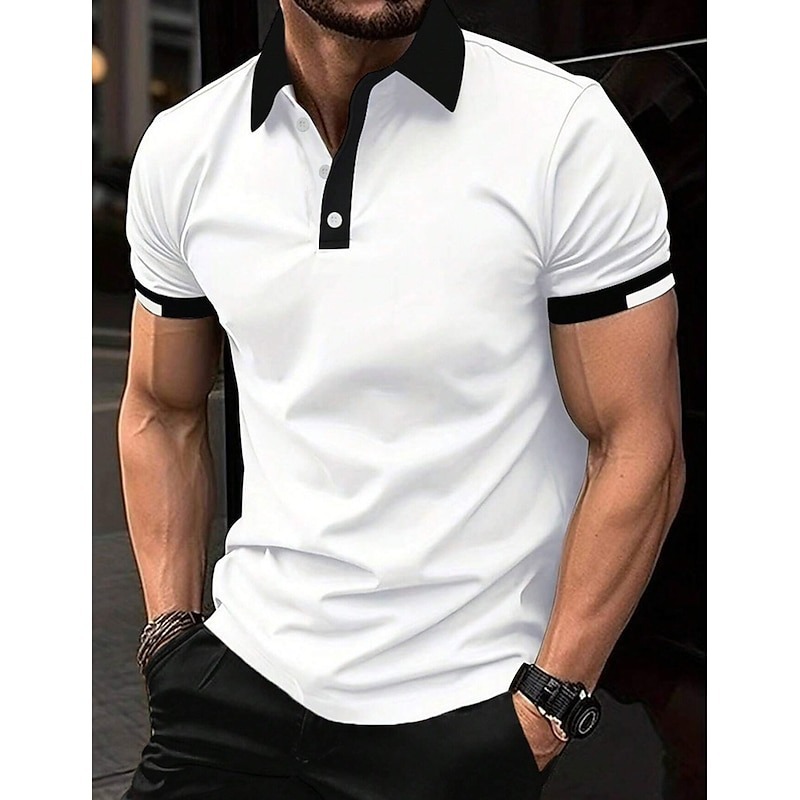 Men's Sport Polo Golf Shirt Casual Sports Tops Ribbed Polo Collar Short Sleeve Fashion Basic Solid Color Patchwork Summer Regular Fit Black White Red Blue Green Sport Polo