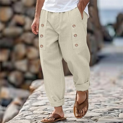 Men's Linen Pants Trousers Summer Pants Buttons Front Pocket Pleats Plain Comfort Breathable Full Length Casual Daily Holiday Fashion Basic Loose Fit Black White
