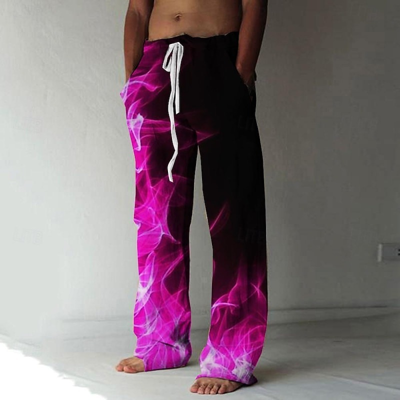 Men's Trousers Summer Pants Beach Pants Elastic Drawstring Design Front Pocket Straight Leg Graphic Prints Flame Comfort Soft Casual Daily For Vacation Linen Like Fabric Fashion Designer Yellow Blue
