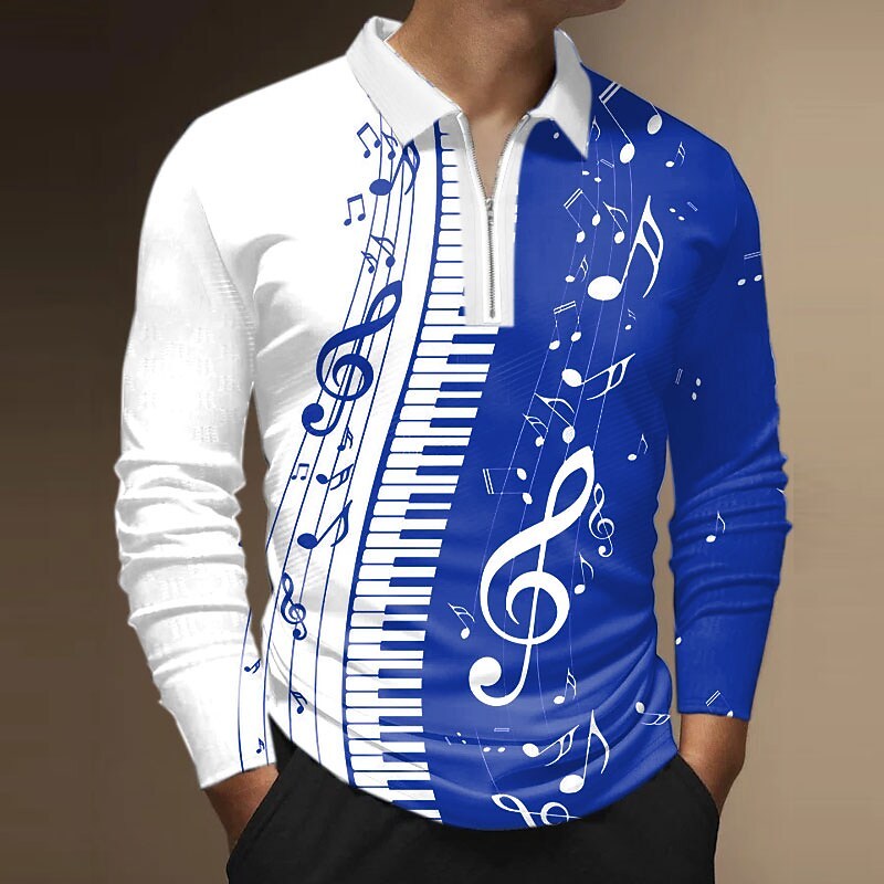 Men's Polo Shirt Golf Shirt Zip Polo Graphic Prints Notes Turndown Black Red Blue Purple Green Outdoor Street Long Sleeve Zipper Print Clothing Apparel Fashion Streetwear Designer Soft