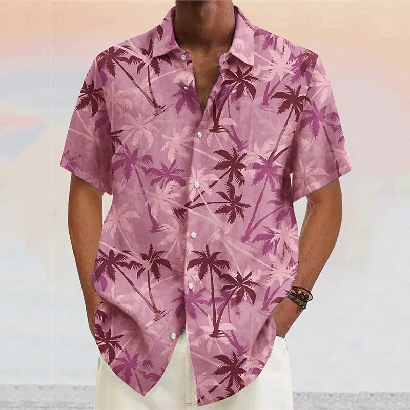 Men's Shirt Coconut Tree GraphicTurndown Yellow Pink Wine Navy Blue Blue Outdoor Street Short Sleeves Print Clothing Apparel Fashion Designer Casual Soft