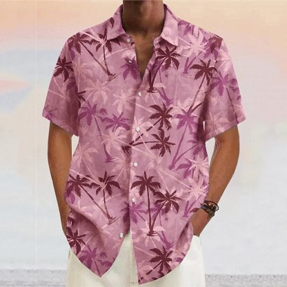 Men's Shirt Coconut Tree GraphicTurndown Yellow Pink Wine Navy Blue Blue Outdoor Street Short Sleeves Print Clothing Apparel Fashion Designer Casual Soft