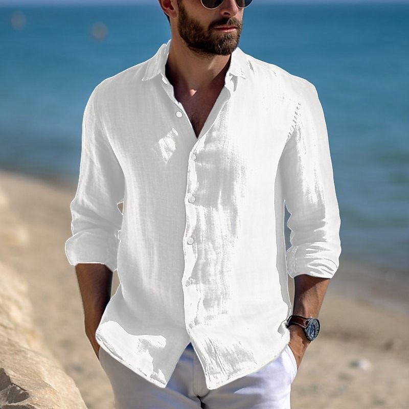 Men's Shirt Linen Shirt Summer Shirt Beach Wear Casual Shirt Button Up Shirt Plain Casual Daily Black White Pink Blue Long Sleeve Lapel Spring & Summer Clothing Apparel
