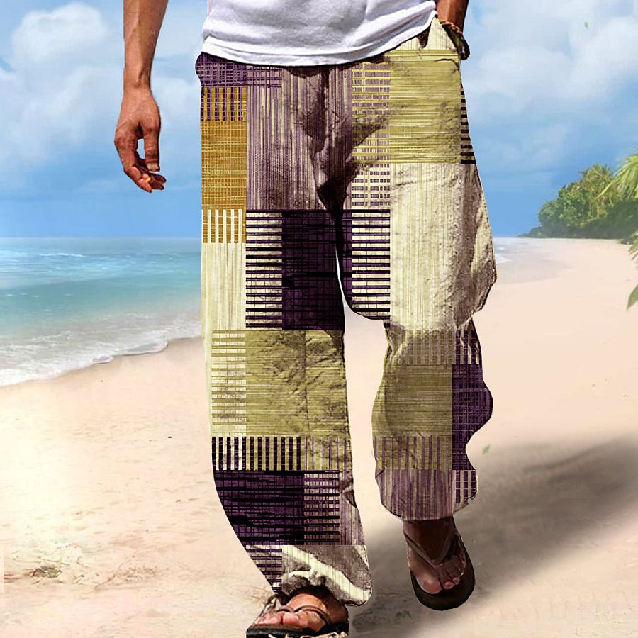 Men's Trousers Summer Pants Beach Pants Drawstring Elastic Waist 3D Print Stripe Graphic Prints Geometry Comfort Casual Daily Holiday Streetwear Hawaiian Yellow Blue