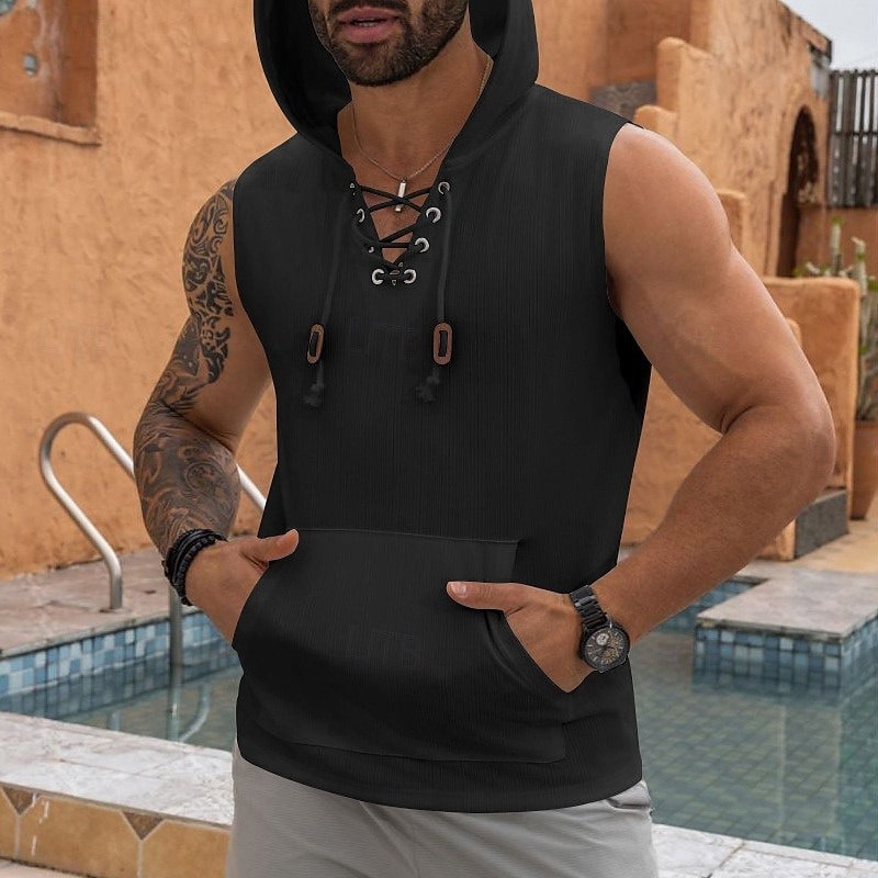 Men's Tank Top Sleeveless Hoodie Sleeveless Shirt Sleeveless Hooded Summer Pit Strip Fashion Designer Muscle Lace up Pocket Outdoor Gym Black White Khaki Top Tee for Men